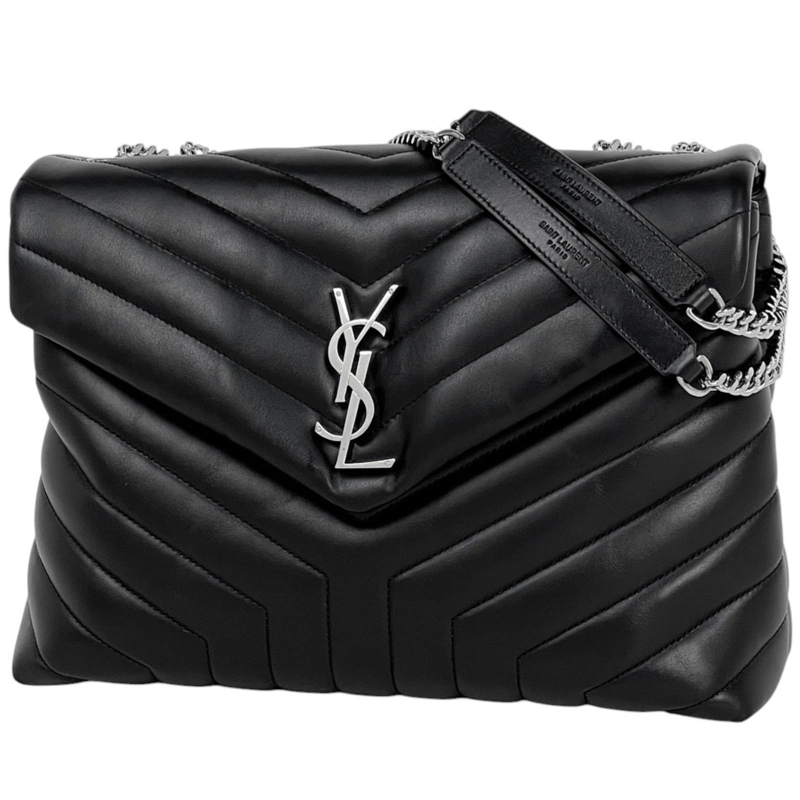 Saint Laurent Shoulder Bag in Leather: Saint Laurent Shoulder Bag in Leather A sleek and sophisticated Saint Laurent shoulder bag, crafted from high-quality black leather, adds a touch of timeless elegance to any outfit. With its classic