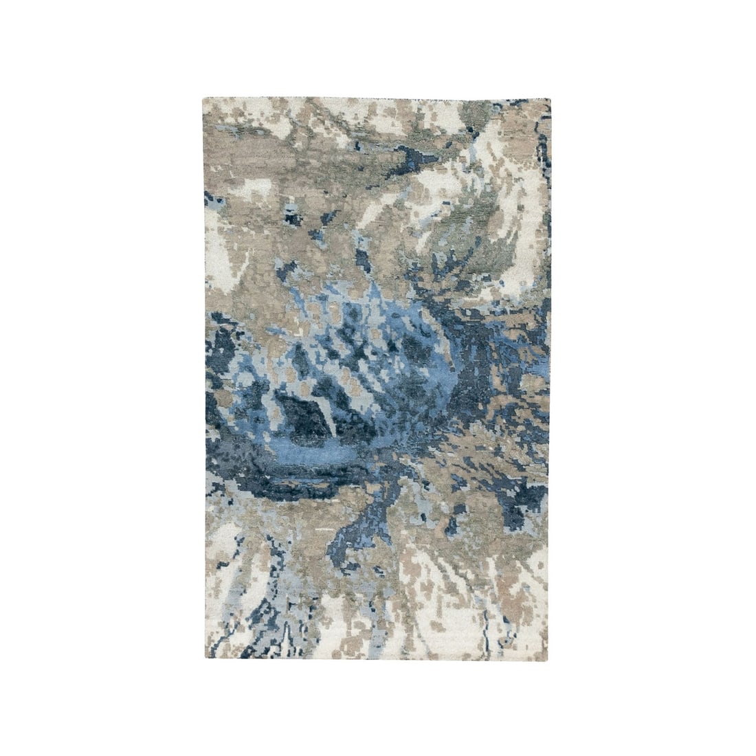 Rug 3'1"x5' Blue-Ivory Abstract Design Wool-Silk Hi-low Pile Hand Knotted: Rug 3'1"x5' Blue-Ivory Abstract Design Wool-Silk Hi-low Pile Hand Knotted Experience the rich beauty of Indian craftsmanship with this stunning hand-knotted wool-silk rug, boasting an intricate