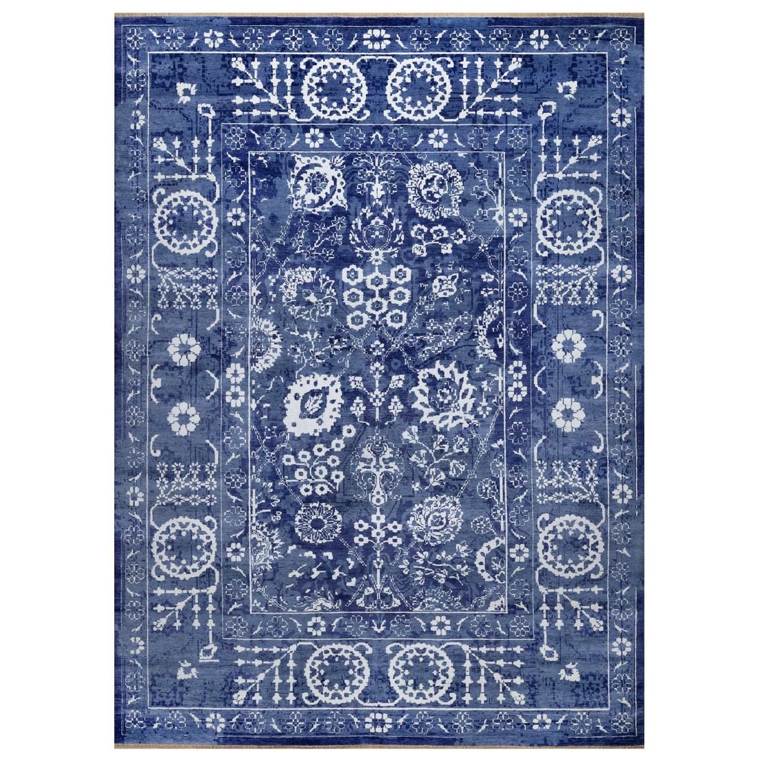 Rug 9'x12'3" Yale Blue Tebraz with Leaf Motifs Hand Knotted Wool and Silk: Rug 9'x12'3" Yale Blue Tebraz with Leaf Motifs Hand Knotted Wool and Silk Experience the rich beauty of Indian craftsmanship with this stunning 9'x12'3" Yale Blue Tebraz rug, hand-knotted from