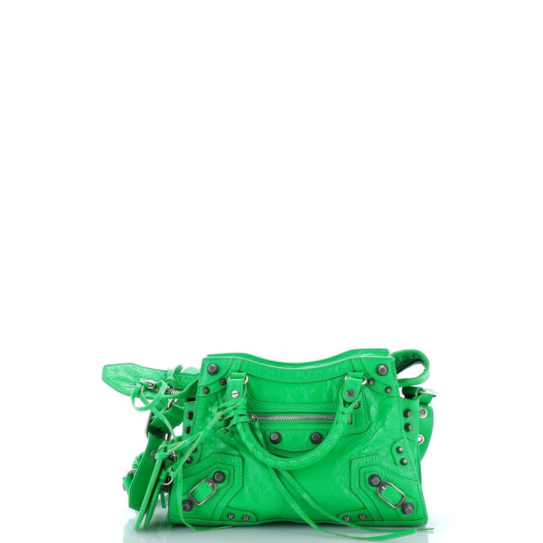 Balenciaga Neo Cagole City Bag in XS Leather: Balenciaga Neo Cagole City Bag in XS Leather The Balenciaga Neo Cagole City Bag is a stylish and versatile shoulder bag that exudes luxury with its sleek green leather exterior. With its spacious