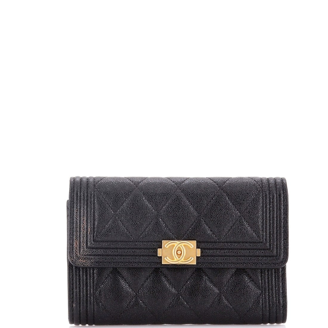 Chanel Caviar Quilted Small Boy Flap Wallet: Chanel Caviar Quilted Small Boy Flap Wallet Experience the timeless elegance of Chanel's Caviar Quilted Small Boy Flap Wallet, crafted from rich black leather with aged gold hardware. This classic