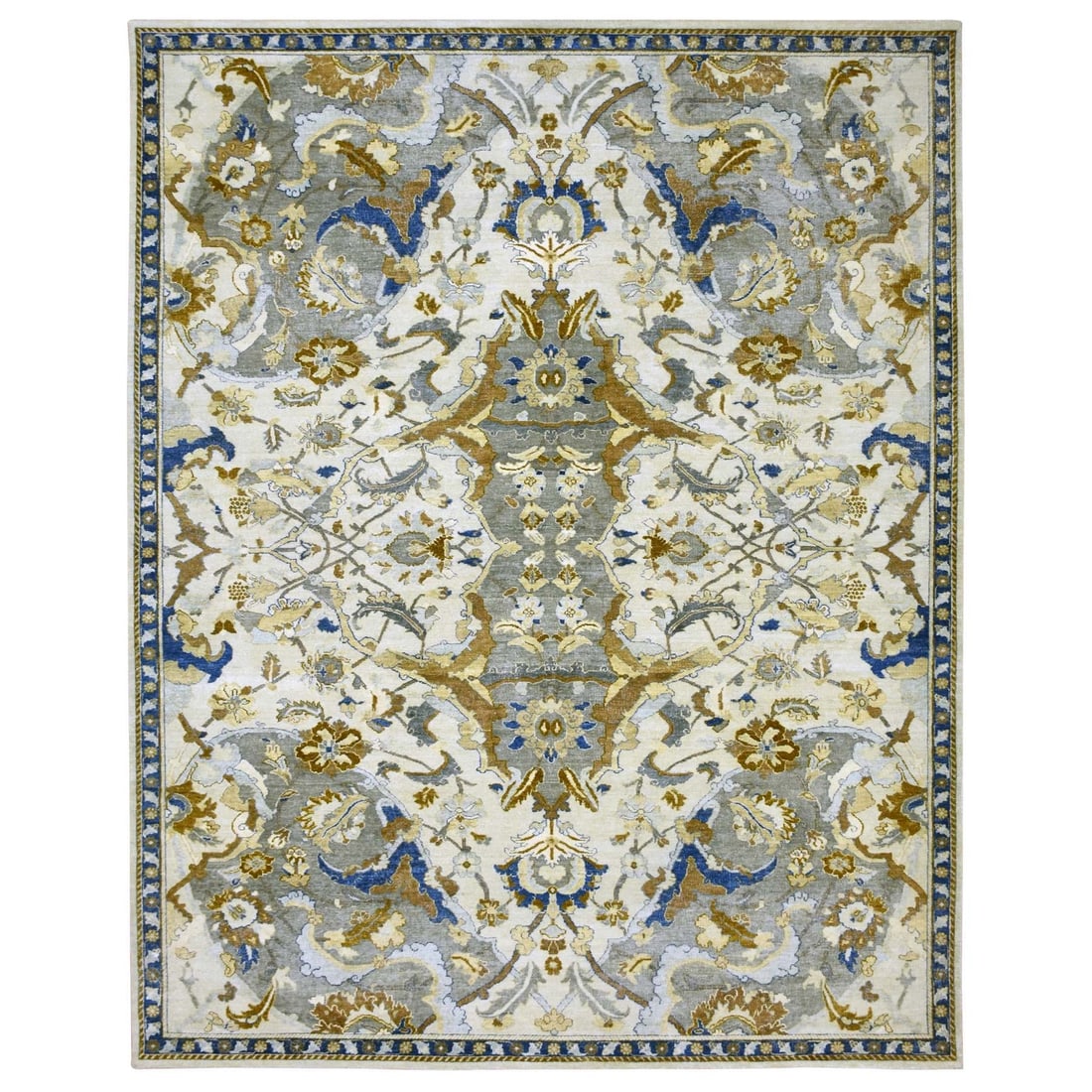 Rug 12'x15'5" Ivory Zoroastrian Ispahan Inspired Hand Knotted 100% Wool: Rug 12'x15'5" Ivory Zoroastrian Ispahan Inspired Hand Knotted 100% Wool Experience the rich cultural heritage of India with this stunning 12'x15'5" Ivory Zoroastrian Ispahan Inspired Hand Knotted Wool