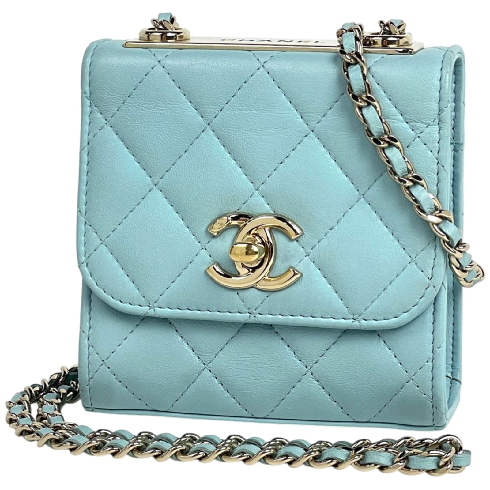 Chanel Shoulder Bag in Leather: Chanel Shoulder Bag in Leather A stunning Chanel shoulder bag in light blue leather, perfect for adding a touch of timeless elegance to any outfit. With its classic design and premium materials, this
