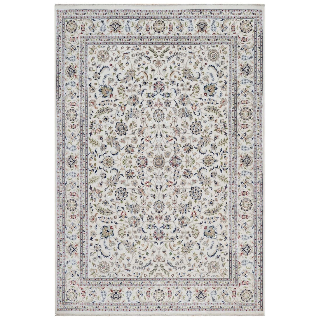 Rug 9'7"x14' Ivory Nain All Over Design Wool & Silk Hand Knotted Oriental: Rug 9'7"x14' Ivory Nain All Over Design Wool & Silk Hand Knotted Oriental Experience the timeless elegance of India's rich cultural heritage with this stunning 9'7"x14' Ivory Nain All Over Design
