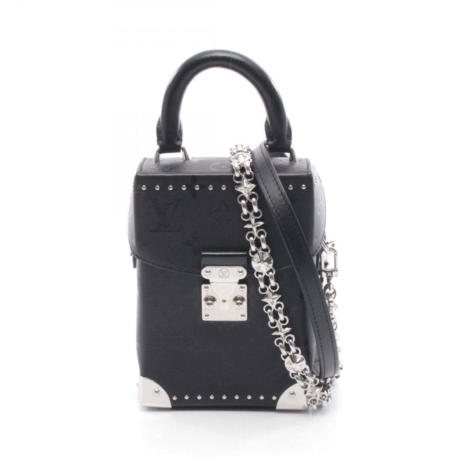 Louis Vuitton Leather Handbag: Louis Vuitton Leather Handbag A sleek and sophisticated black leather handbag from the iconic Louis Vuitton brand, boasting classic monogram pattern detailing and timeless design. With its compact