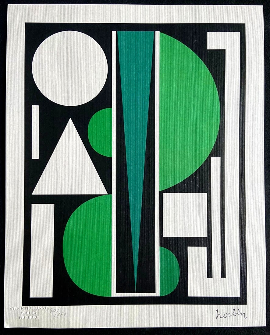 180 Auguste Herbin Lithograph Numbered Stamped: 180 Auguste Herbin Lithograph Numbered Stamped A rare and striking print from the renowned French artist Auguste Herbin, created in 1970 by Atlantis Kunst Verlag Freiburg. This limited edition lithogr