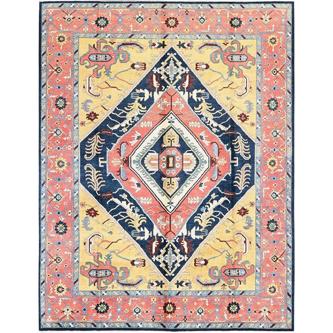 Rug 9'x11'8" Yellow Peshawar with Seeripe Heris Design Wool Hand Knotted: Rug 9'x11'8" Yellow Peshawar with Seeripe Heris Design Wool Hand Knotted Experience the rich cultural heritage of Afghanistan with this stunning 9'x11'8" Yellow Peshawar rug, hand-knotted in wool and