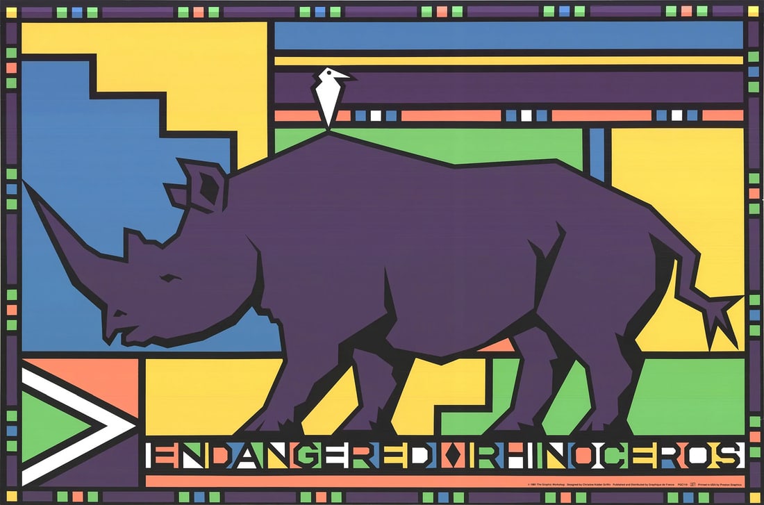 Rhinoceros 25" x 37.75" Serigraph - CHRISTINE KIDDER GRIFFIN Endangered Series: Rhinoceros 25" x 37.75" Serigraph - CHRISTINE KIDDER GRIFFIN Endangered Series A stunning serigraph by renowned artist Christine Kidder Griffin, created in 1991 as part of her critically acclaimed End