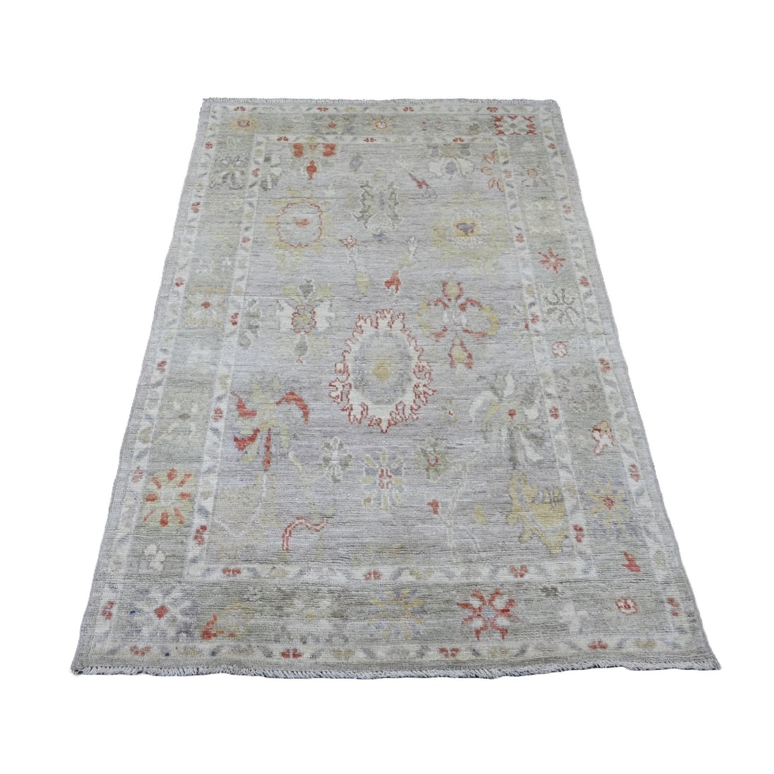 Rug 4'x5'9" Cloud Gray Hand Knotted Afghan Angora Oushak Leaf Design Wool: Rug 4'x5'9" Cloud Gray Hand Knotted Afghan Angora Oushak Leaf Design Wool Experience the warmth and elegance of a traditional Afghan Oushak rug, hand-knotted with soft wool and featuring a stunning cl