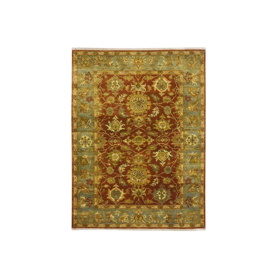 Red Lamani Flower Motifs 100% Wool Hand-Knotted 4'8"x6'4" Rug (300 KPSI): Red Lamani Flower Motifs 100% Wool Hand-Knotted 4'8"x6'4" Rug (300 KPSI) Experience the rich beauty of India with this stunning 100% wool, hand-knotted Red Lamani Flower Motifs rug, measuring 4'8"x6'4