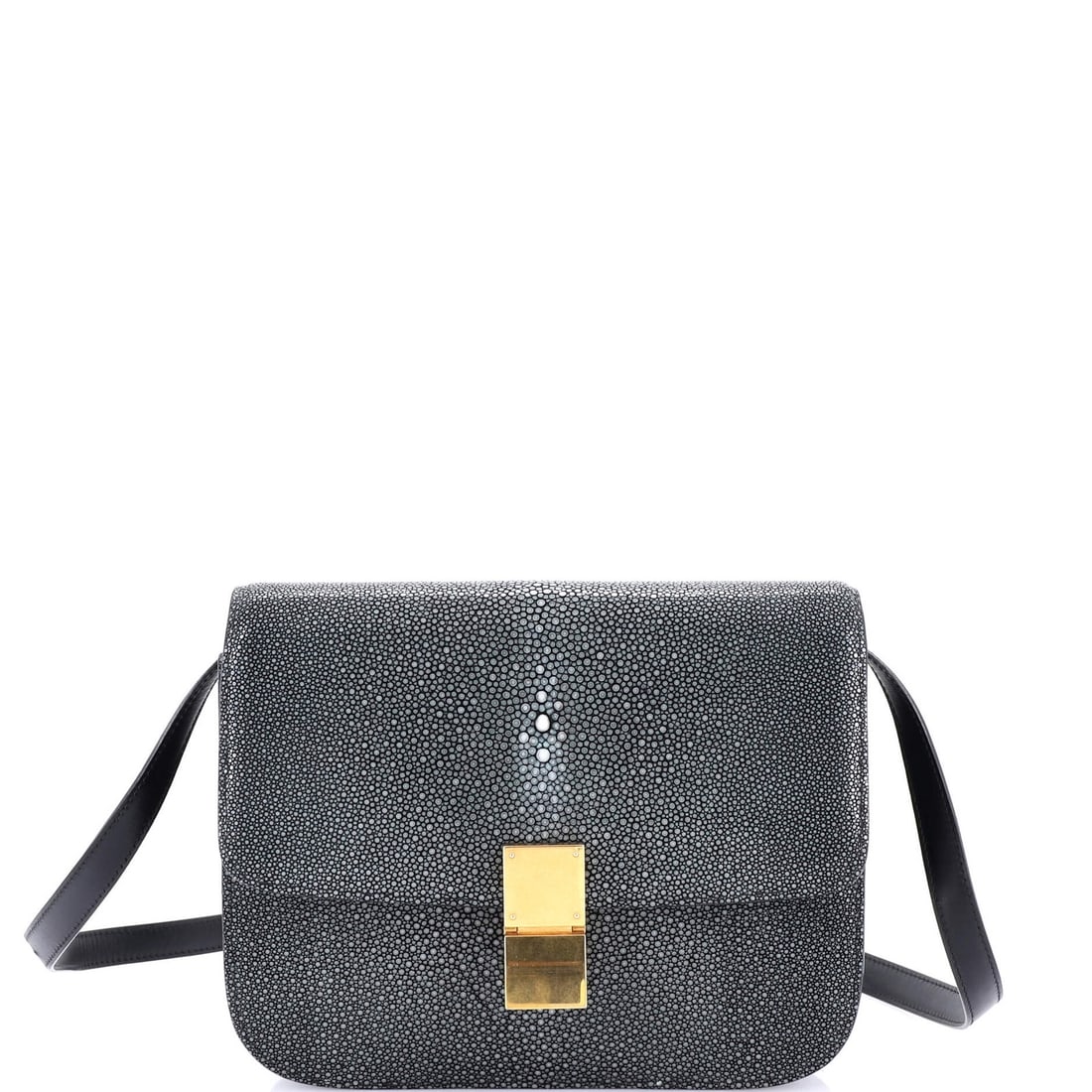 Celine Classic Medium Stingray Box Bag: Celine Classic Medium Stingray Box Bag Experience the timeless elegance of the Celine Classic Medium Stingray Box Bag, with its sleek black exterior and luxurious stingray material that exudes sophist