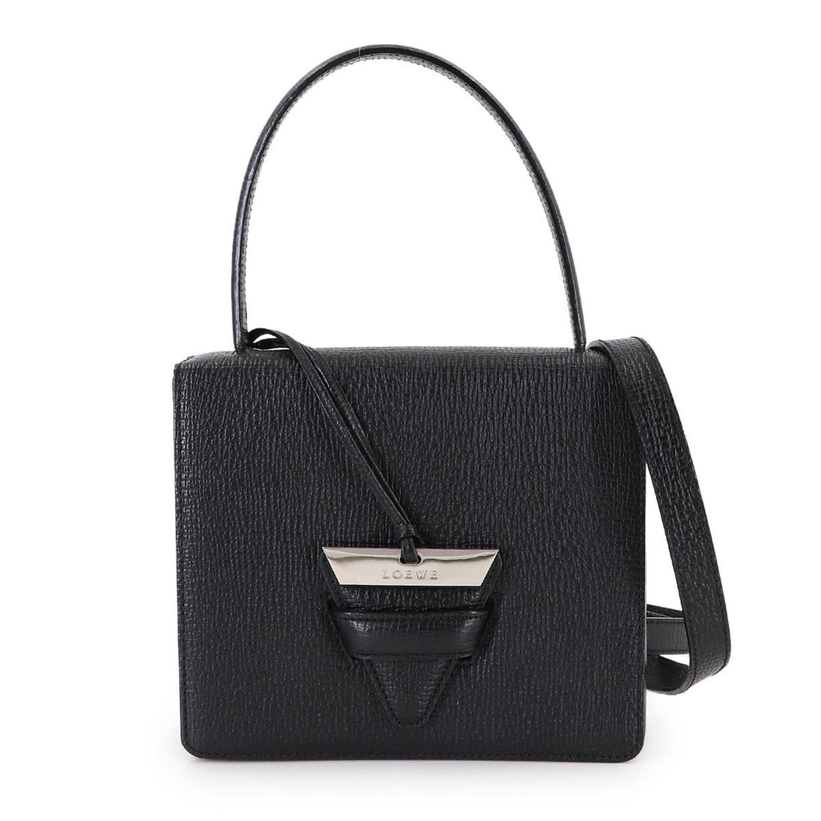 Loewe Leather Shoulder Bag: Loewe Leather Shoulder Bag A sleek and sophisticated black leather shoulder bag from renowned luxury brand Loewe, boasting a timeless design with clean lines and premium quality construction. In mint