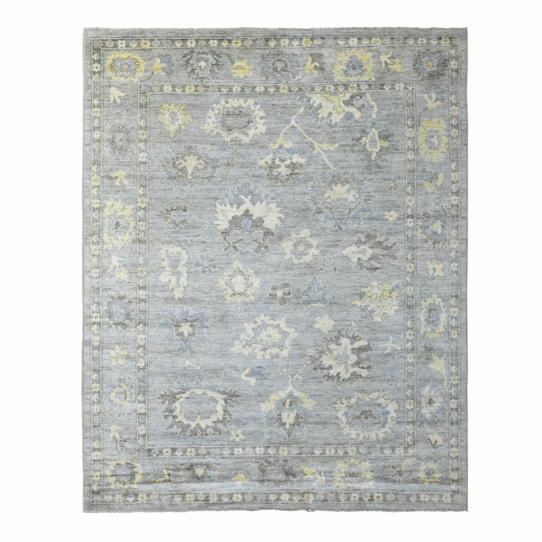Rug 8'x9'10" Hand Knotted Gray Afghan Angora Ushak and Soft Wool: Rug 8'x9'10" Hand Knotted Gray Afghan Angora Ushak and Soft Wool Experience the warmth and beauty of traditional Afghan craftsmanship with this stunning 8'x9'10" hand-knotted gray wool rug, expertly w