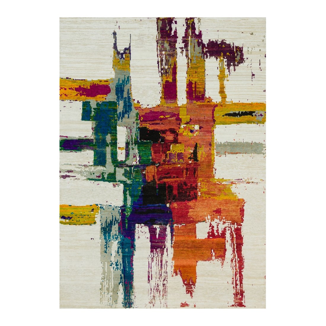 Rug 6'1"x9' Sandstone Ivory Hand Knotted Abstract Design Wool and Silk: Rug 6'1"x9' Sandstone Ivory Hand Knotted Abstract Design Wool and Silk Experience the timeless beauty of India's rich cultural heritage in this stunning hand-knotted sandstone ivory rug, featuring an