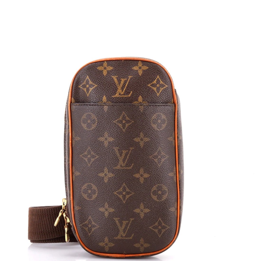 Canvas Louis Vuitton Pochette Gange Monogram: Canvas Louis Vuitton Pochette Gange Monogram A rare and iconic Louis Vuitton Pochette Gange Monogram canvas bag, boasting the signature LV monogram pattern on its exterior in rich brown leather. With