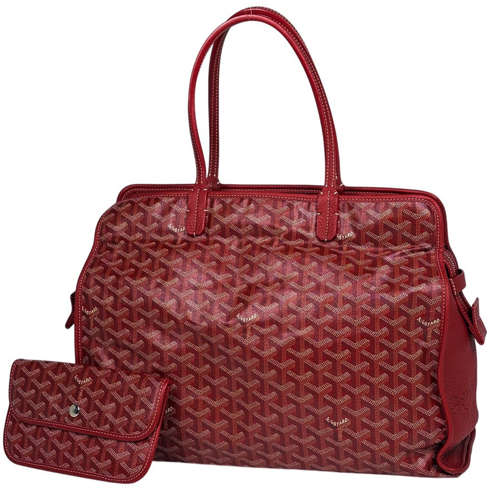 Goyard Coated Canvas Tote Bag in Leather: Goyard Coated Canvas Tote Bag in Leather A vibrant red Goyard tote bag in excellent condition, with its signature coated canvas exterior and supple leather trim, adds a pop of color to any outfit.