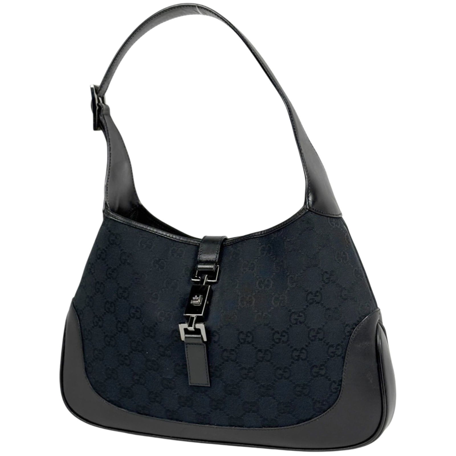 Gucci Canvas and Leather Shoulder Bag: Gucci Canvas and Leather Shoulder Bag Elevate your everyday style with this pre-loved Gucci canvas and leather shoulder bag, boasting a sleek black design that exudes sophistication. The perfect