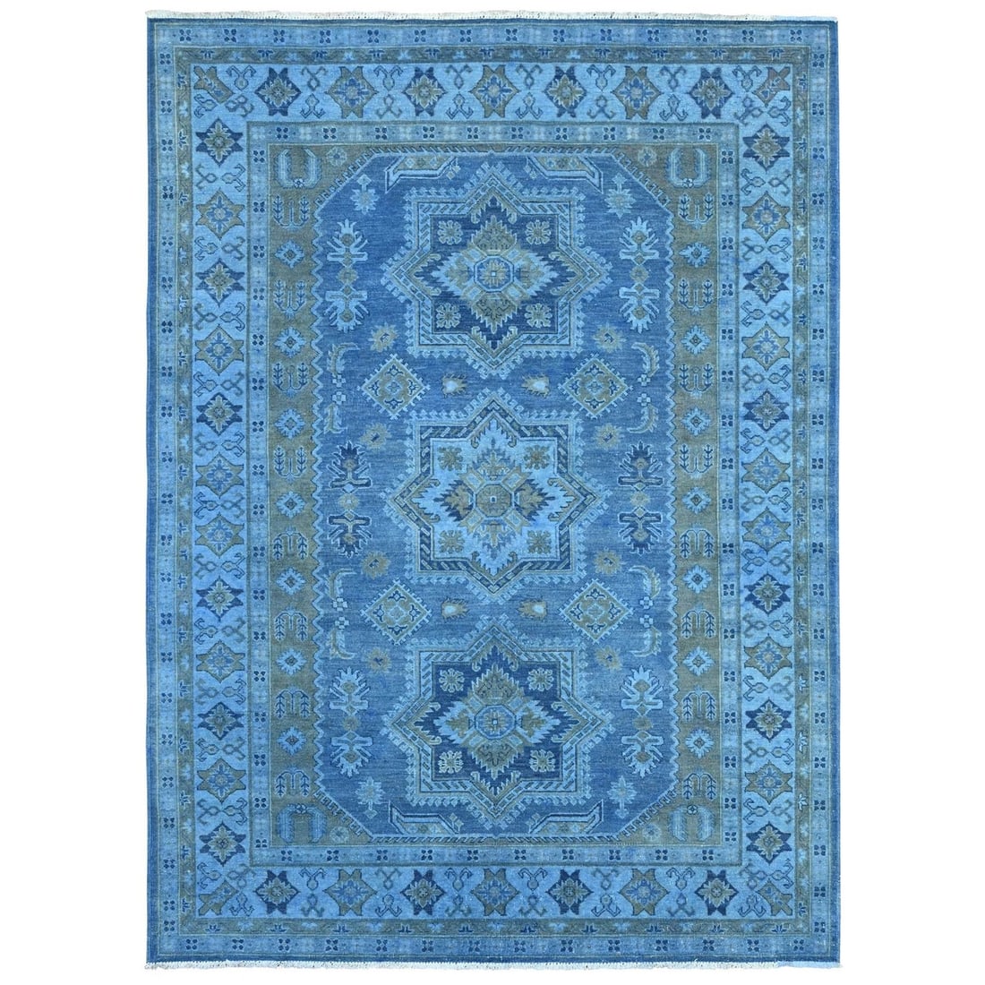 Rug 6'2"x8'5" Blue Overdyed Kazak Star Design Hand Knotted 100% Wool: Rug 6'2"x8'5" Blue Overdyed Kazak Star Design Hand Knotted 100% Wool Experience the rich beauty of traditional Afghan craftsmanship with this stunning 6'2"x8'5" Blue Overdyed Kazak Star Design Hand