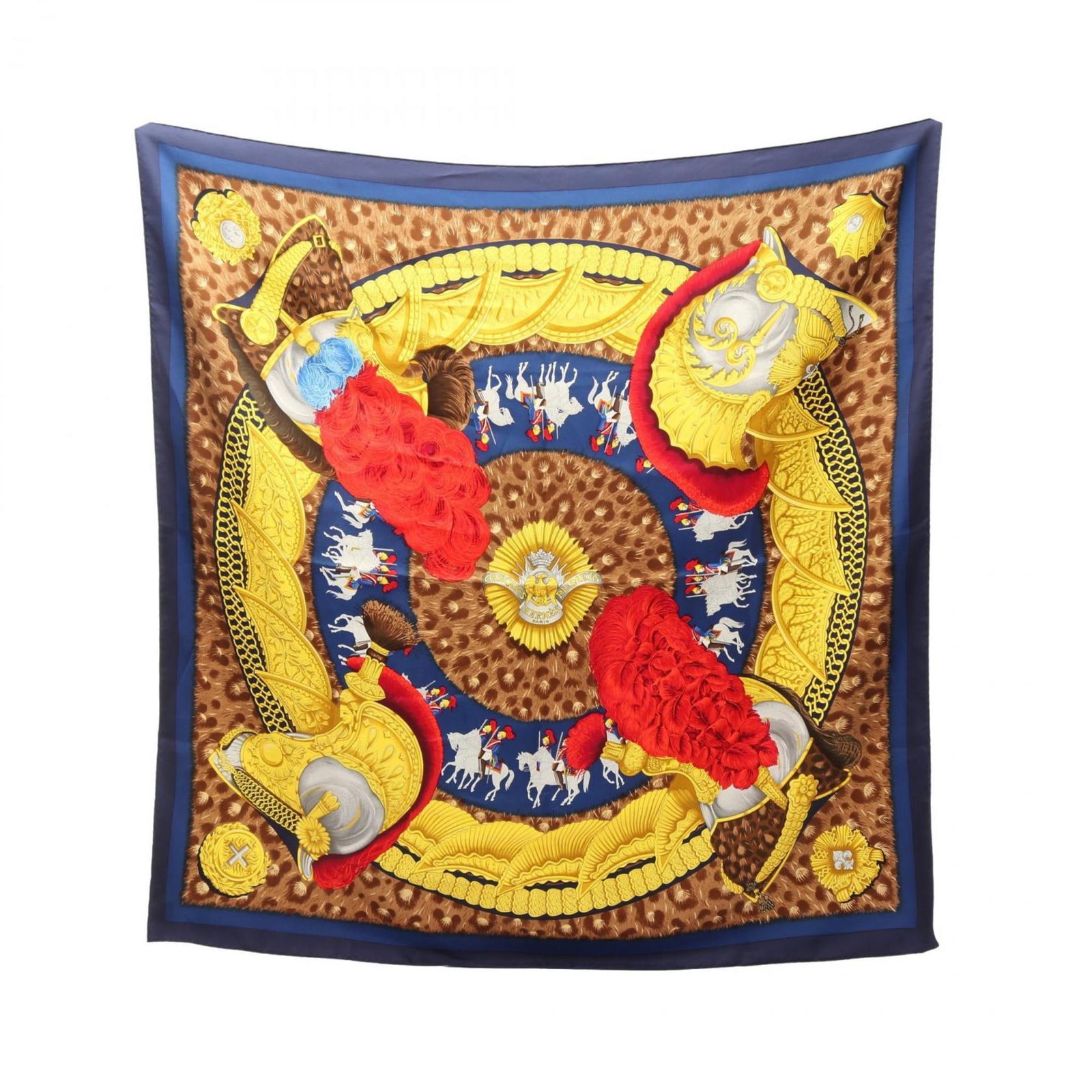 Hermes Silk Scarf: Hermes Silk Scarf A pre-owned Hermes silk scarf in striking blue, brown, and multi-color hues adds a touch of timeless elegance to any outfit. Made from luxurious silk, this 35x35" square scarf boasts