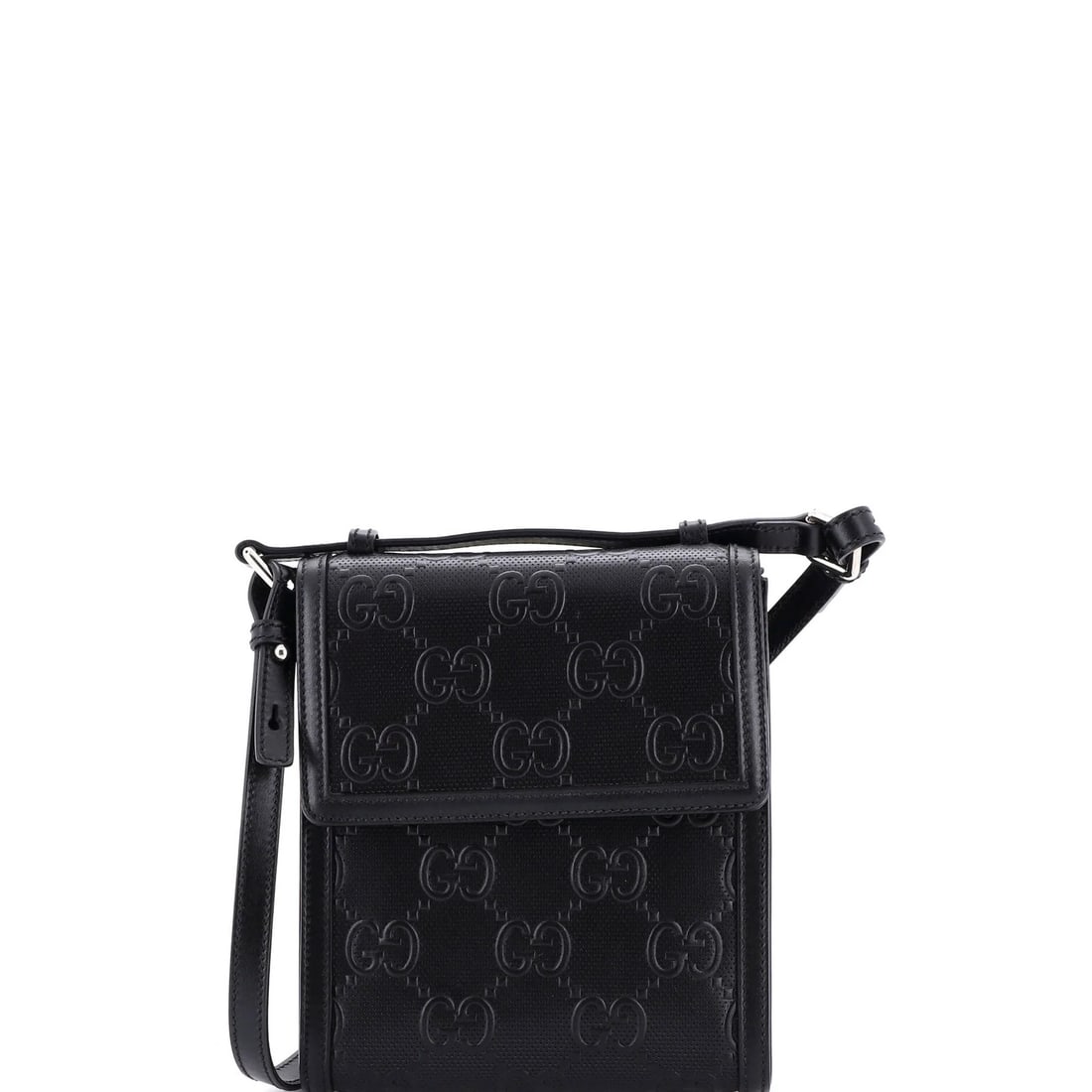 Gucci GG Embossed Perforated Leather Small Crossbody Bag: Gucci GG Embossed Perforated Leather Small Crossbody Bag Elevate your everyday style with the iconic Gucci GG Embossed Perforated Leather Small Crossbody Bag. This sleek, black bag boasts signature