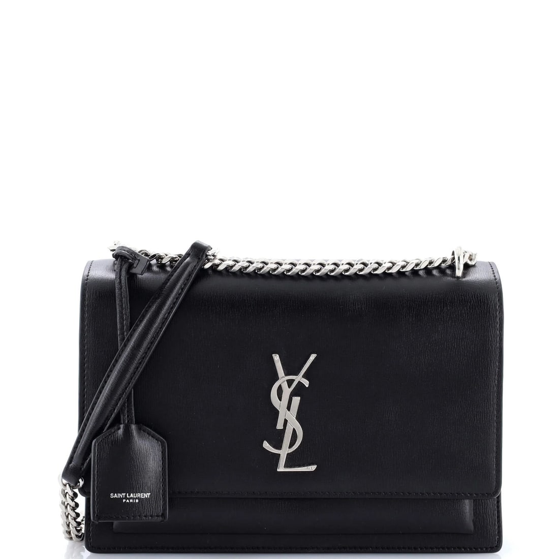 Medium Saint Laurent Sunset Crossbody Bag Leather: Medium Saint Laurent Sunset Crossbody Bag Leather Elevate your evening look with the sleek Saint Laurent Sunset Crossbody Bag, crafted from supple black leather and adorned with silver hardware. This