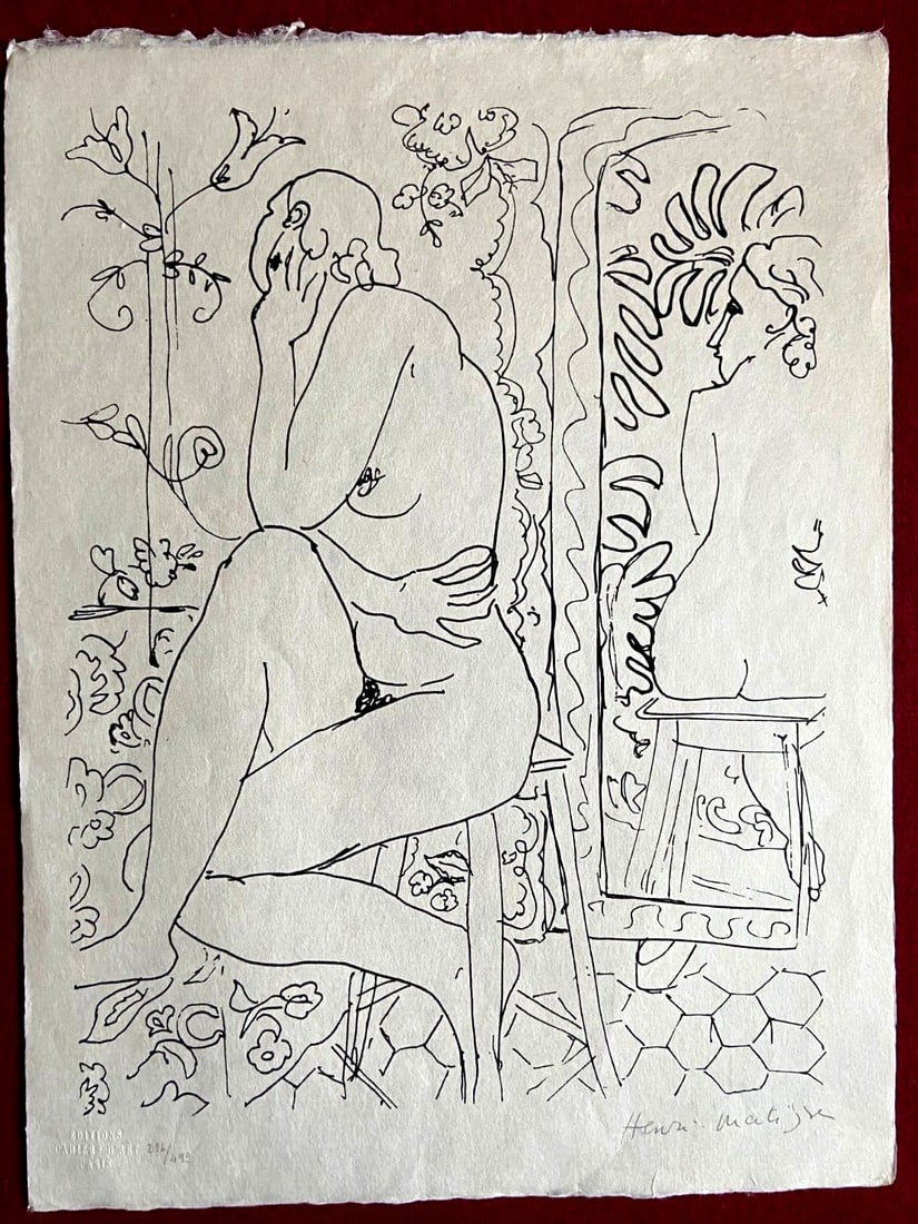 Matisse Lithograph 1960, Contract Numbered & Stamped: Matisse Lithograph 1960, Contract Numbered & Stamped Henri Matisse's 1960 lithograph, 'Naked in the Mirror', is a stunning example of the artist's mastery of line and form. This contract numbered and