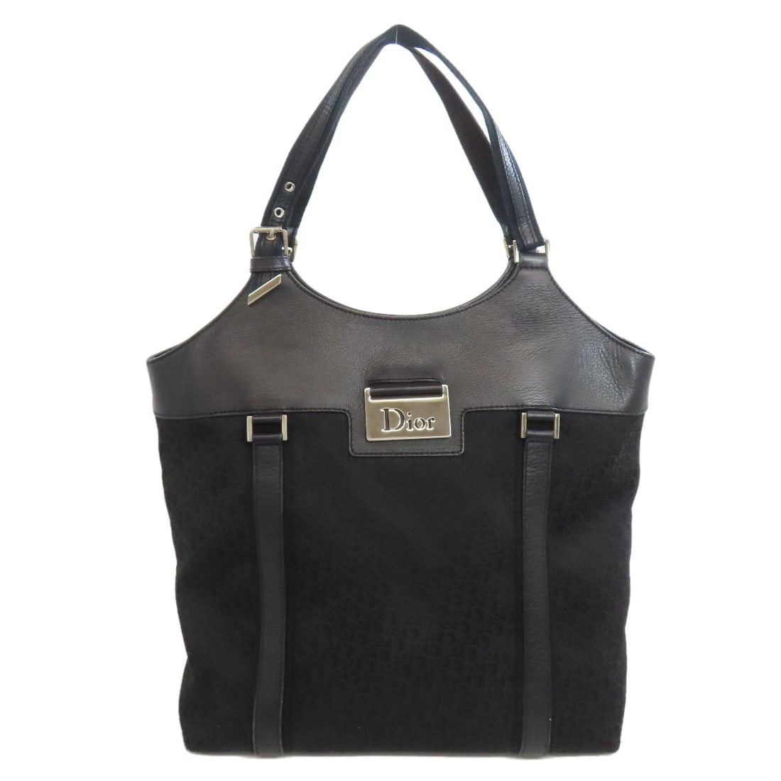 Christian Dior Canvas Handbag with Trotter Pattern: Christian Dior Canvas Handbag with Trotter Pattern A sleek and sophisticated black canvas handbag from Christian Dior, adorned with the iconic Trotter pattern, adds a touch of timeless elegance to