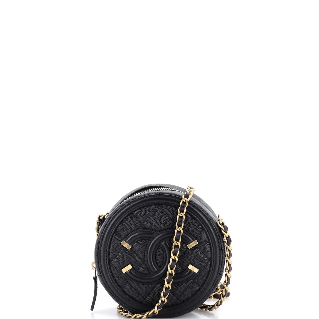 Chanel Filigree Round Clutch with Chain and Quilted Caviar Mini: Chanel Filigree Round Clutch with Chain and Quilted Caviar Mini Elevate your evening look with the iconic Chanel Filigree Round Clutch, boasting a sleek black leather exterior adorned with intricate