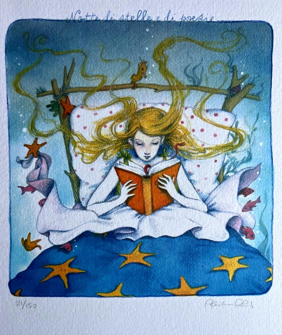 Numbered Alessandra Roberti Lithograph Mixed Technique: Numbered Alessandra Roberti Lithograph Mixed Technique Alessandra Roberti's "Night of stars and poems" is a unique mixed-media lithograph, hand retouched with delicate pastel strokes. Created in