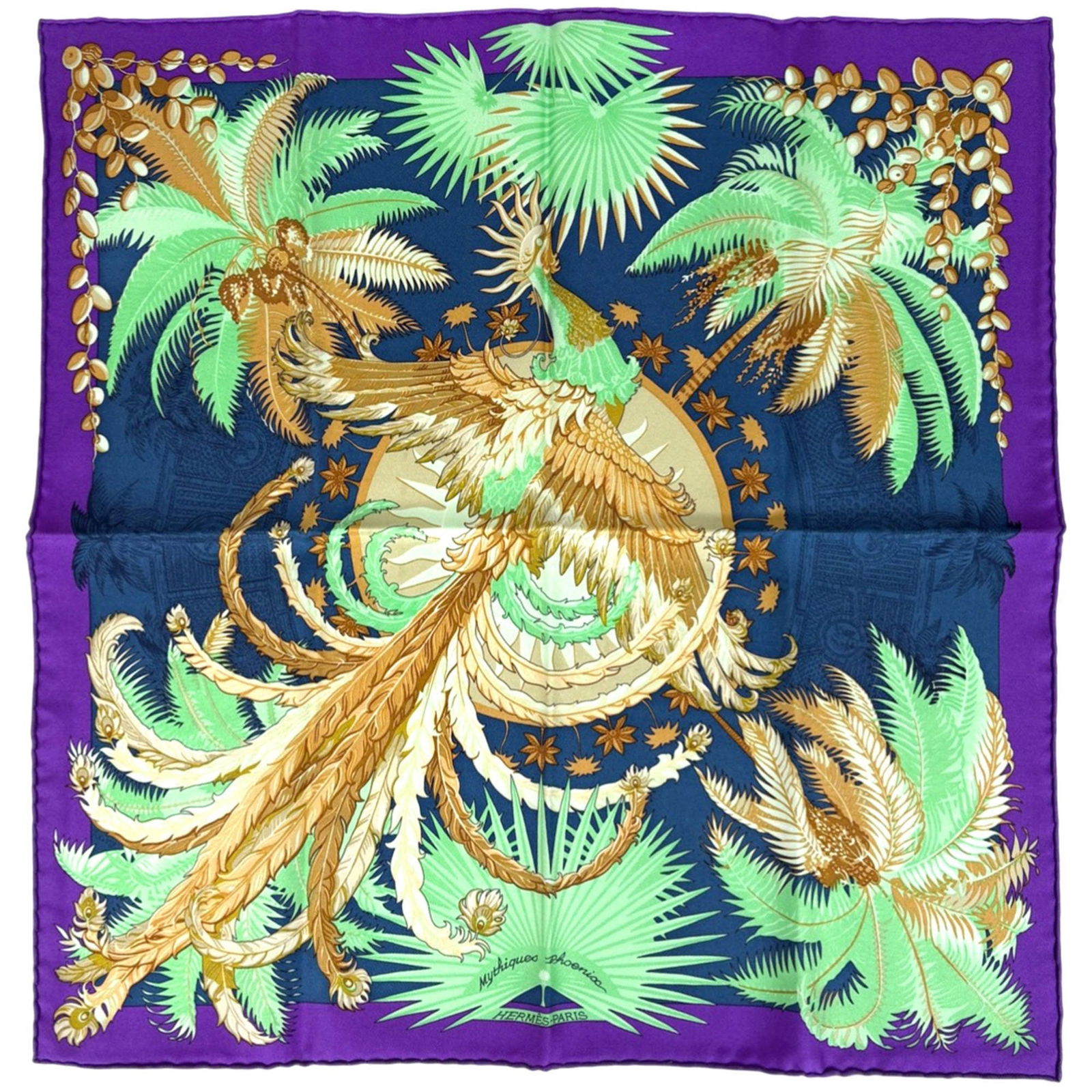 Hermes Silk Scarf: Hermes Silk Scarf A true luxury find, this pre-owned Hermes silk scarf boasts vibrant multi-color hues and a rich purple tone, perfectly balanced on its 41cm x 42.5cm silk fabric. With its classic