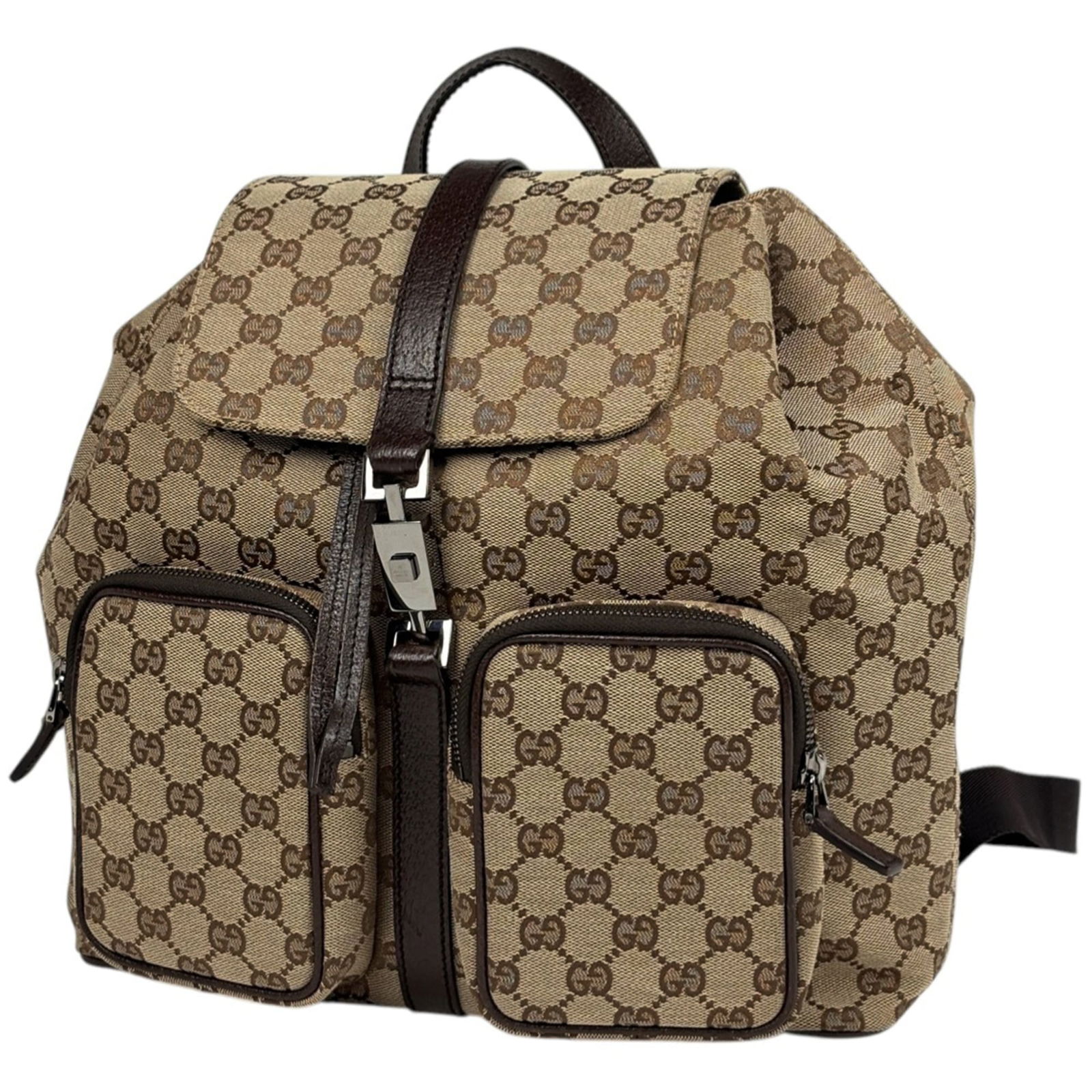 Gucci Canvas and Leather Backpack: Gucci Canvas and Leather Backpack Elevate your daily routine with the iconic Gucci Canvas and Leather Backpack, boasting a timeless beige brown color that adds a touch of sophistication to any outfit.