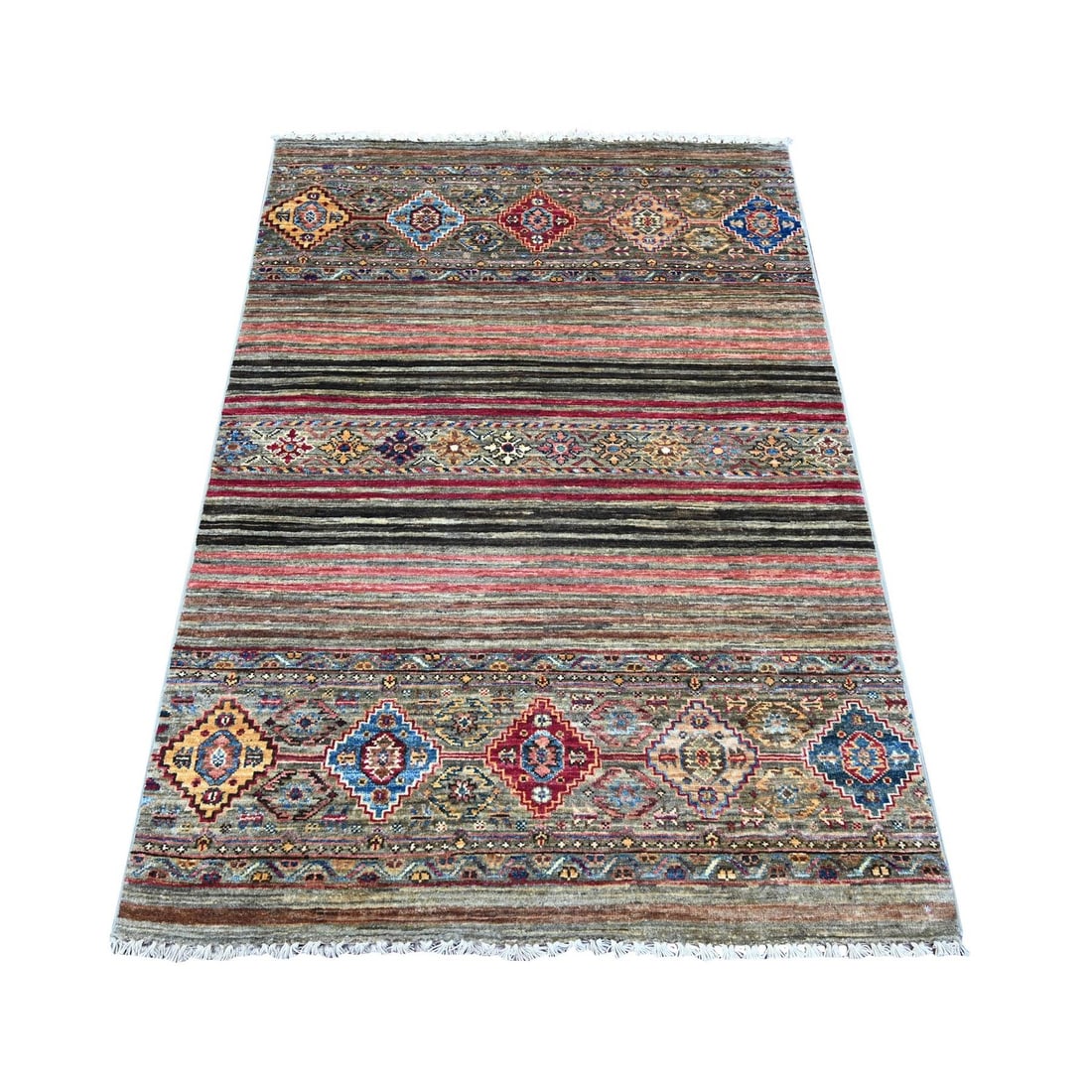 Vintage Gray Hand-Knotted Wool Super Kazak Khorjin Oriental Rug (3'4"x5'1"): Vintage Gray Hand-Knotted Wool Super Kazak Khorjin Oriental Rug (3'4"x5'1") Experience the timeless beauty of Afghanistan's rich cultural heritage with this stunning Vintage Gray Hand-Knotted Wool