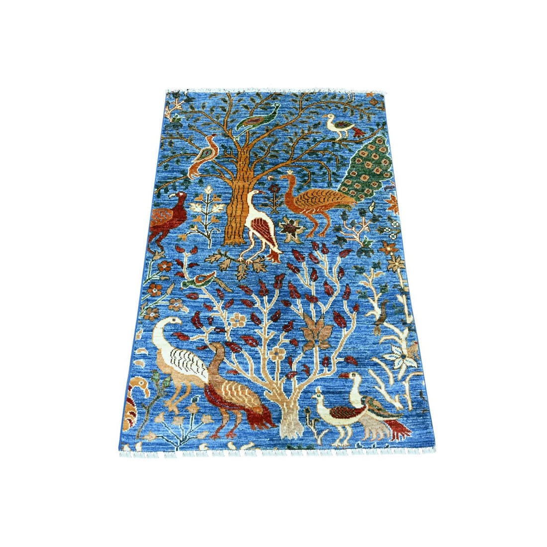 Mat 2'7"x4' Blue Peshawar with Birds of Paradise Design Hand Knotted Wool: Mat 2'7"x4' Blue Peshawar with Birds of Paradise Design Hand Knotted Wool Experience the rich beauty of traditional Afghan craftsmanship with this stunning 2'7"x4' Blue Peshawar hand knotted wool