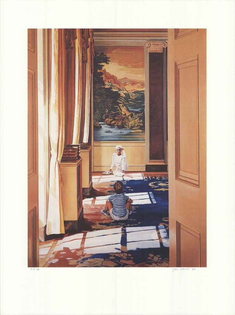 Surrea JAN WONIS Worlds Apart Yet Together SIGNED 31.5" x 23.5" Lithograph 1999: Surrea JAN WONIS Worlds Apart Yet Together SIGNED 31.5" x 23.5" Lithograph 1999 A stunning 1999 lithograph by Jan Wonis, Worlds Apart, Yet Together is a poignant and thought-provoking piece that