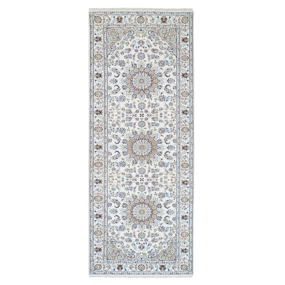 Rug 4'1"x12' Ivory Nain 250 KPSI Wool Hand Knotted Wide Runner: Rug 4'1"x12' Ivory Nain 250 KPSI Wool Hand Knotted Wide Runner Experience the timeless beauty of India's rich cultural heritage with this stunning Ivory Nain 250 KPSI Wool Hand Knotted Wide Runner rug