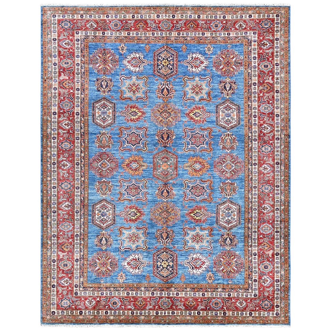 Rug 9'2"x11'10" Denim Blue Caucasian Design Super Kazak Wool Hand Knotted: Rug 9'2"x11'10" Denim Blue Caucasian Design Super Kazak Wool Hand Knotted Experience the rich texture and vibrant blue hue of our stunning Super Kazak Wool Hand Knotted rug, expertly crafted from