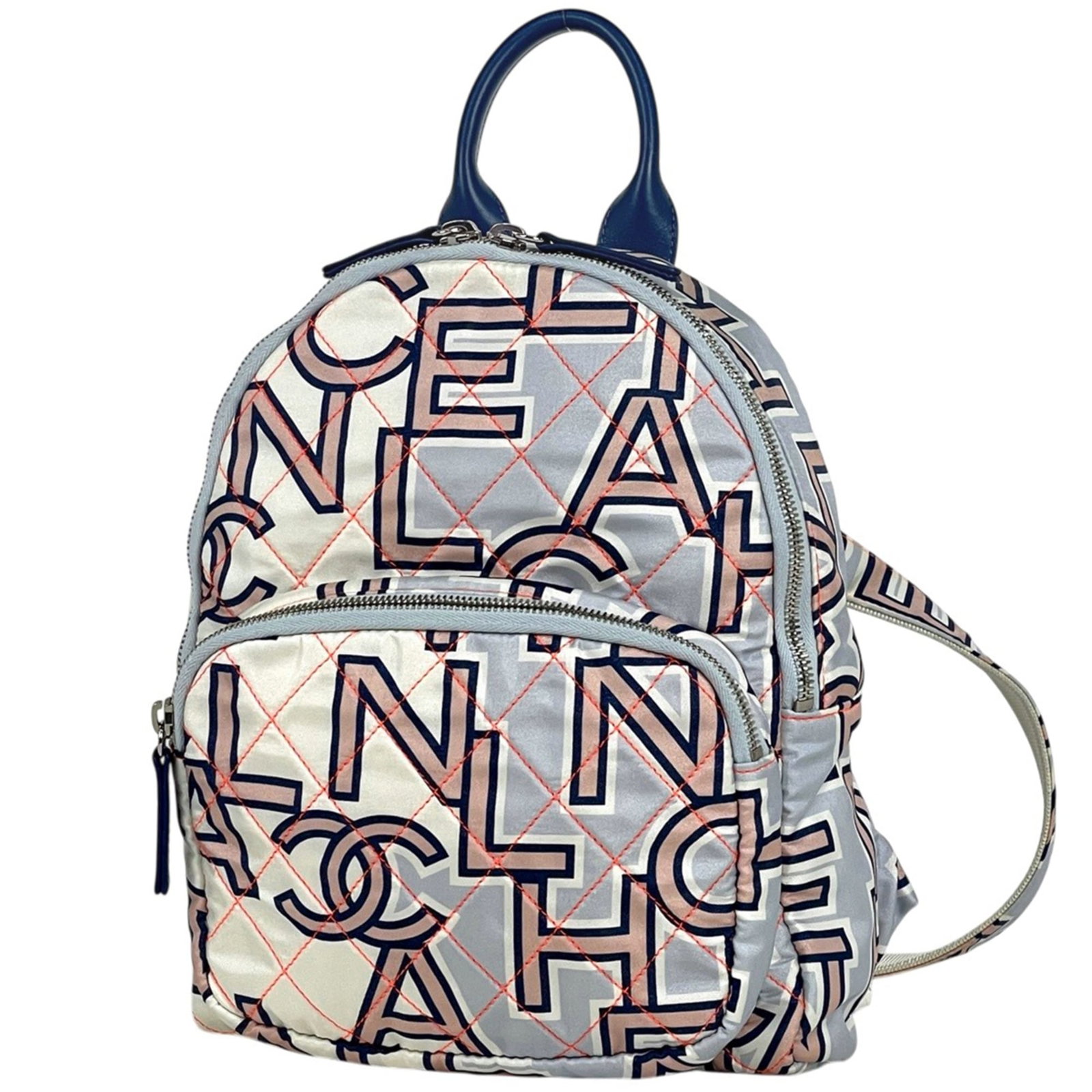 Chanel Backpack in Nylon and Leather: Chanel Backpack in Nylon and Leather A chic and timeless Chanel backpack, crafted from durable nylon and supple leather, in a stunning blue hue that exudes effortless elegance. With its classic