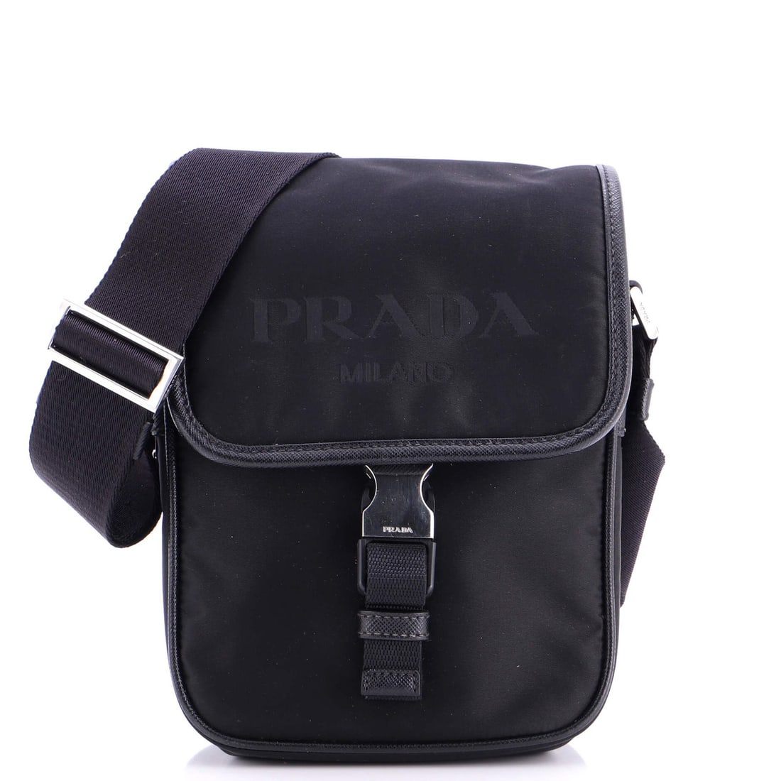 Prada Nylon Messenger Bag with Logo Buckle: Prada Nylon Messenger Bag with Logo Buckle A sleek and sophisticated Prada messenger bag, this black nylon cross-body bag boasts the iconic logo buckle that adds a touch of luxury to any outfit. With