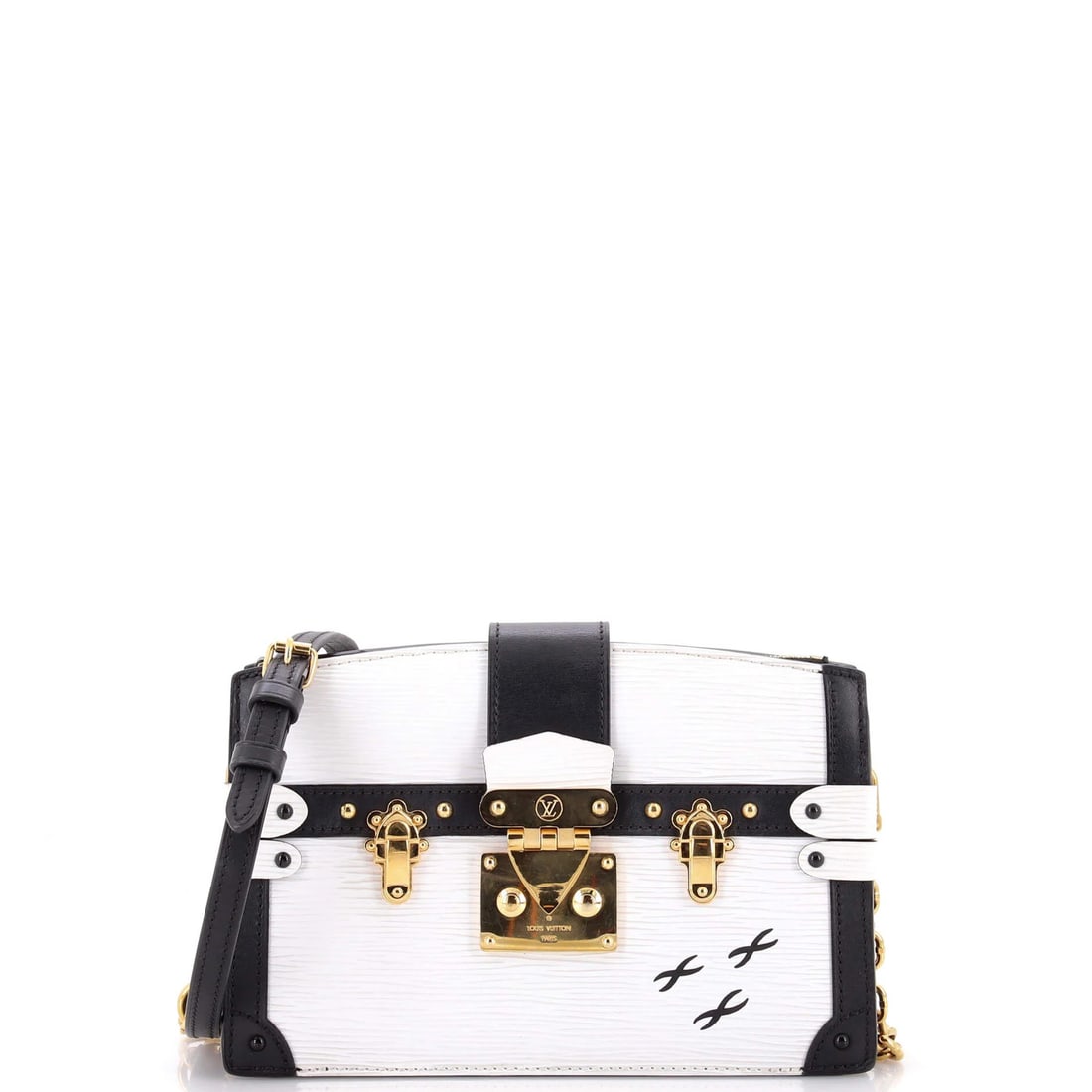 Louis Vuitton Epi Leather Trunk Clutch: Louis Vuitton Epi Leather Trunk Clutch Elevate your style with the iconic Louis Vuitton Epi Leather Trunk Clutch, boasting sleek white exterior and neutral interior, adorned with gold hardware. This v