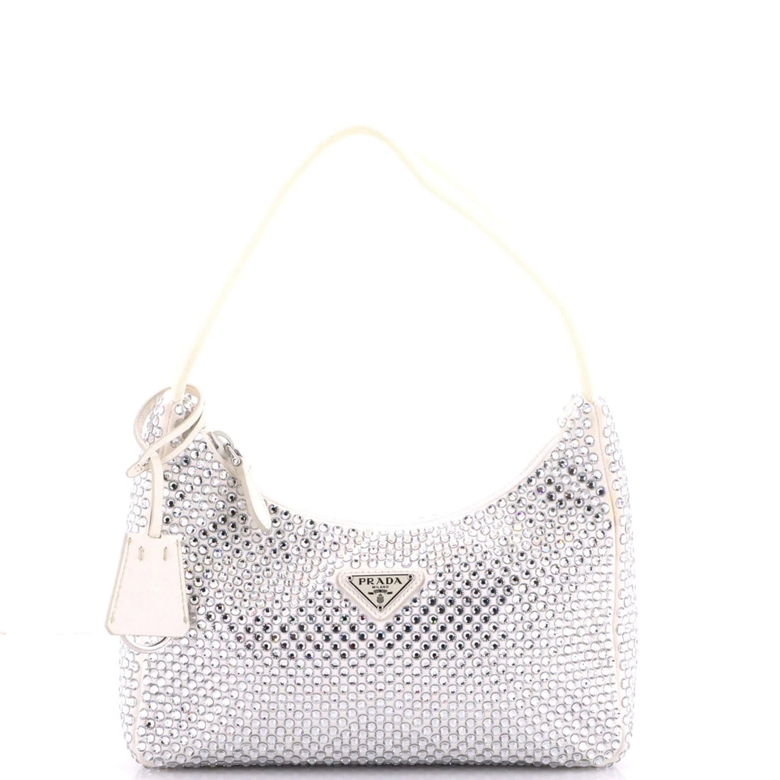 Mini Prada Re-Edition 2000 Hobo Crystal Embellished Satin: Mini Prada Re-Edition 2000 Hobo Crystal Embellished Satin Experience the timeless elegance of Prada's iconic 2000 Hobo Crystal Embellished Satin mini handbag, re-released in its original