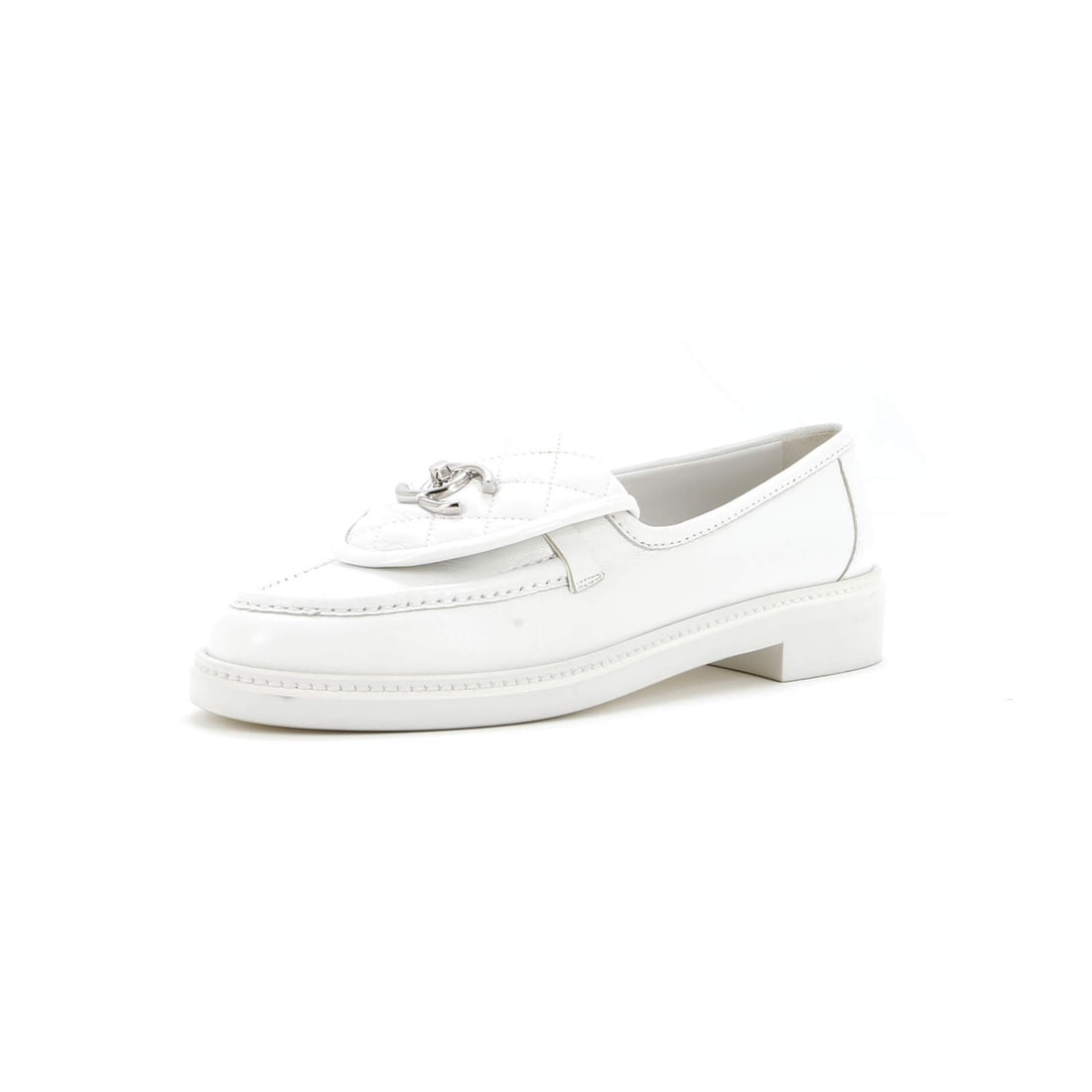 Chanel Women's CC Quilted Leather Loafers: Chanel Women's CC Quilted Leather Loafers Elevate your shoe game with the iconic Chanel Women's CC Quilted Leather Loafers, boasting a crisp white quilted leather exterior and luxurious interior.