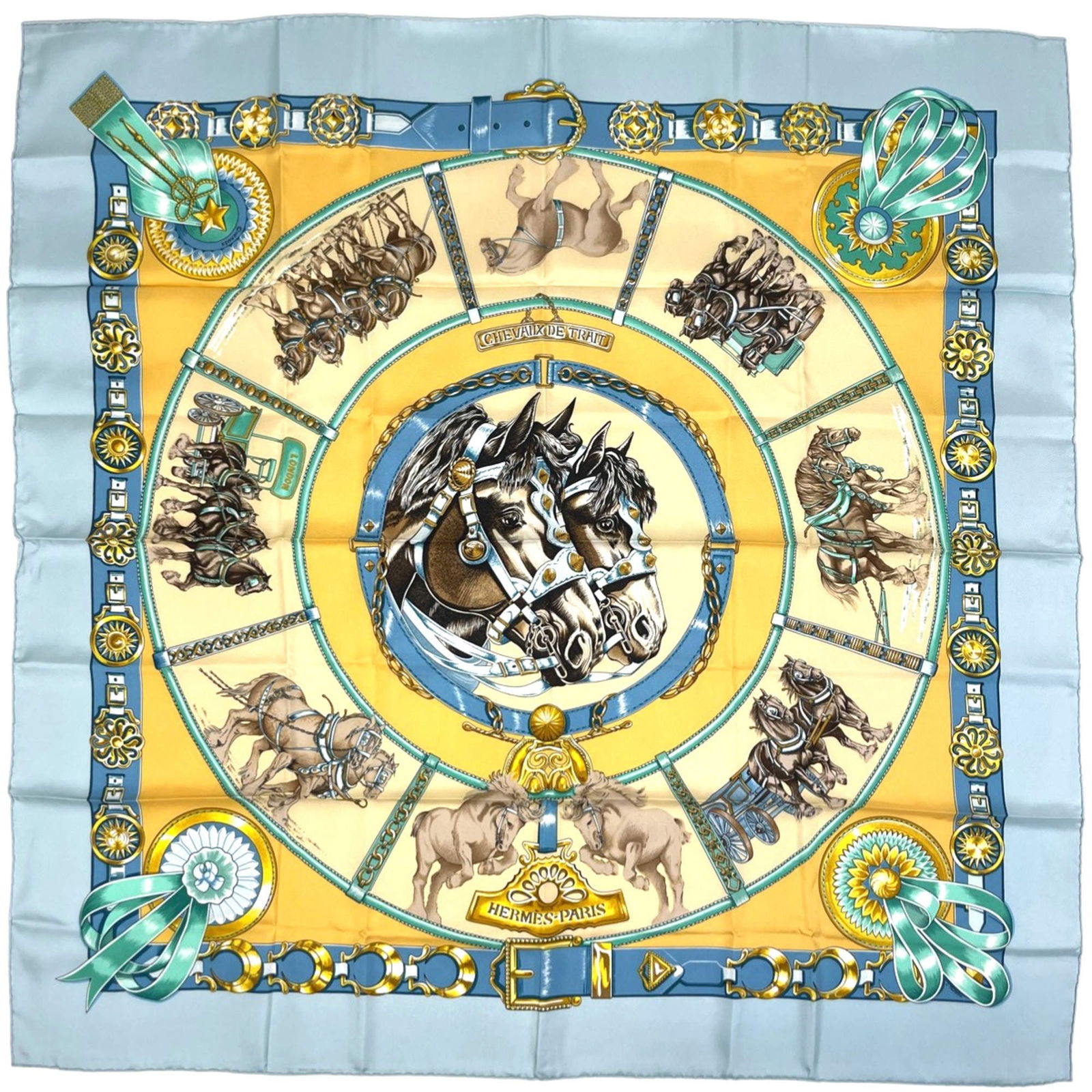 Hermes Silk Scarf: Hermes Silk Scarf A stunning Hermes silk scarf in light blue and multi-color hues, adding a touch of elegance to any outfit. With its 88cm x 89cm size and luxurious silk material, this scarf is
