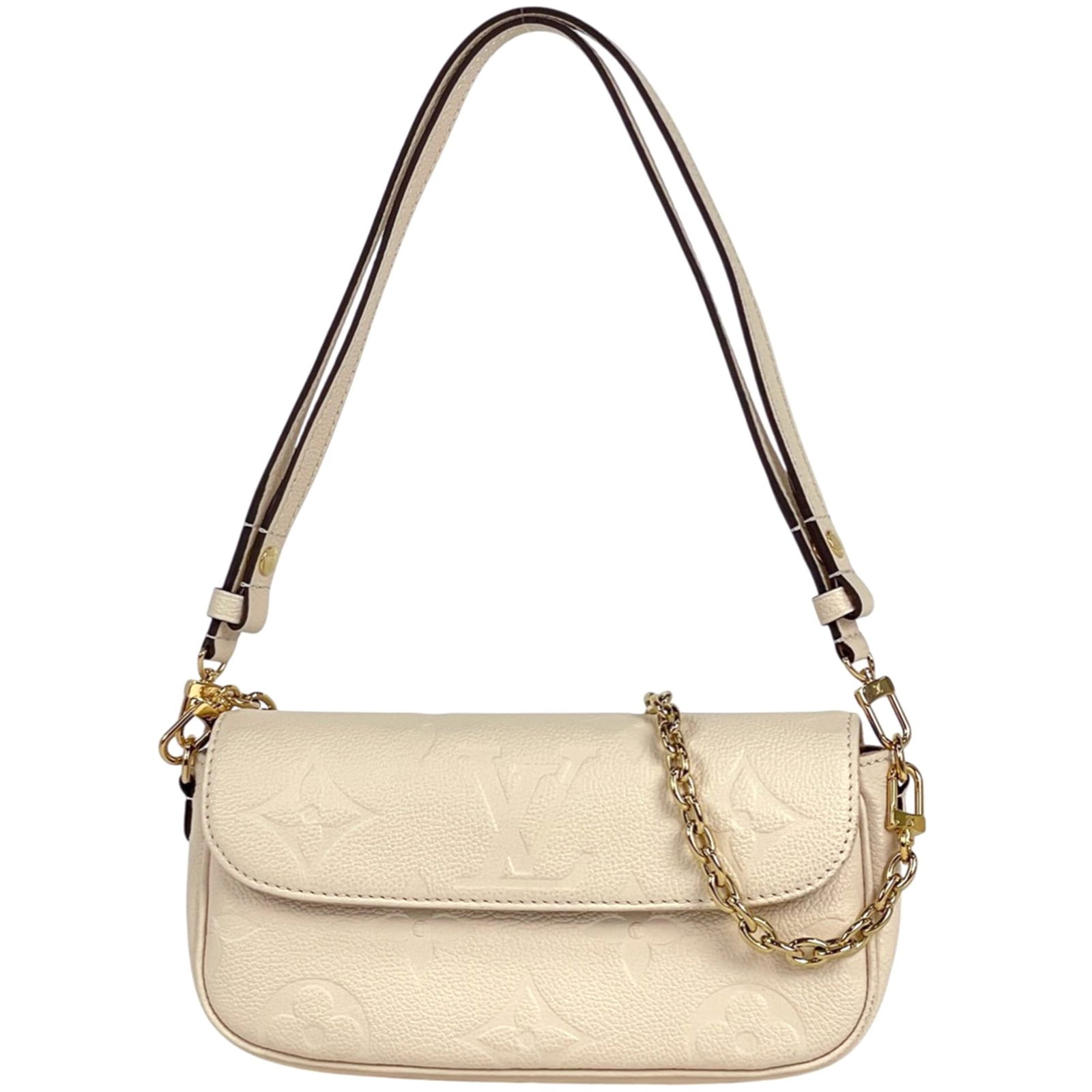 Louis Vuitton Monogram Empreinte Shoulder Bag: Louis Vuitton Monogram Empreinte Shoulder Bag Own the iconic style of Louis Vuitton with this stunning Monogram Empreinte shoulder bag, boasting the signature LV monogram pattern in crisp white. With