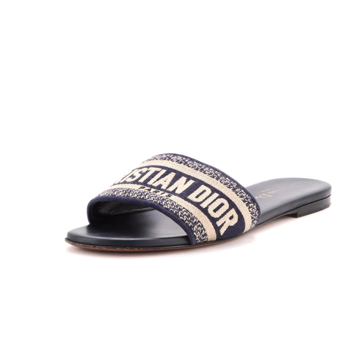 Christian Dior Women's Embroidered Canvas Dway Flat Sandals: Christian Dior Women's Embroidered Canvas Dway Flat Sandals Elevate your summer style with the Christian Dior Women's Embroidered Canvas Dway Flat Sandals, boasting a vibrant blue canvas exterior