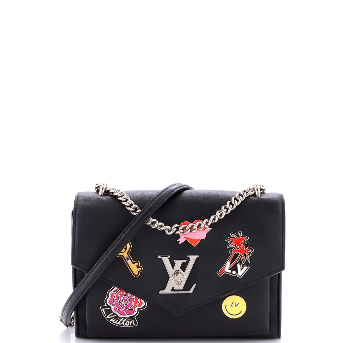 BB Louis Vuitton Mylockme Handbag Limited Edition Pin Embellished Leather: BB Louis Vuitton Mylockme Handbag Limited Edition Pin Embellished Leather Experience the epitome of luxury with this stunning Louis Vuitton Mylockme Handbag, boasting sleek black leather exterior