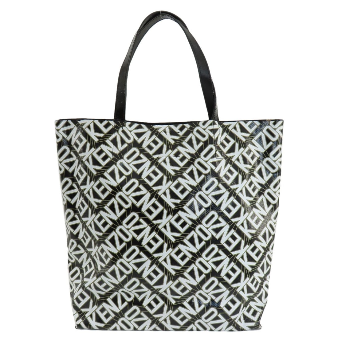 Kenzo Logo PVC Tote Bag: Kenzo Logo PVC Tote Bag Elevate your everyday style with the iconic Kenzo logo PVC tote bag, boasting a sleek black and white exterior that exudes sophistication. Made from durable PVC material, this