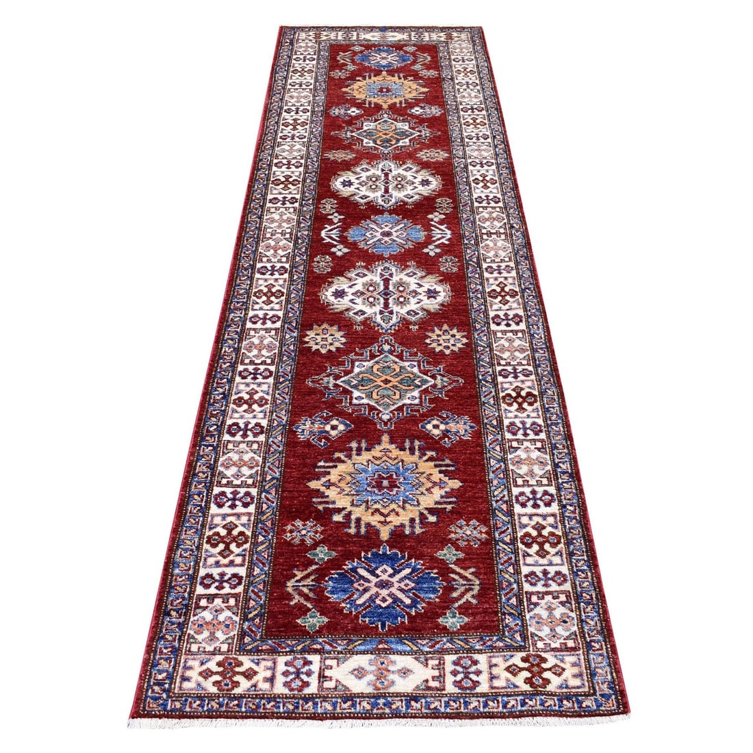 Rug 2'7"x8'10" Wool Hand Knotted Red Super Kazak Tribal Medallions Runner: Rug 2'7"x8'10" Wool Hand Knotted Red Super Kazak Tribal Medallions Runner Experience the rich beauty of traditional Afghan craftsmanship with this stunning 2'7"x8'10" Wool Hand Knotted Red Super Kazak