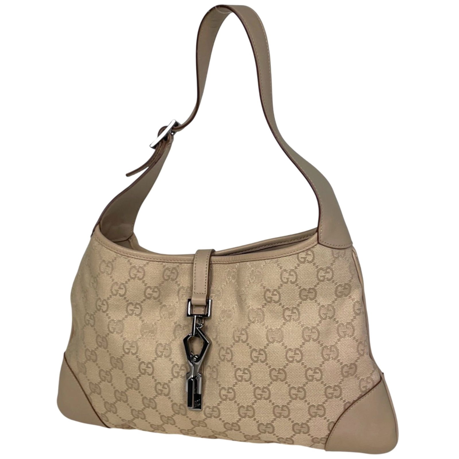 Leather - Gucci Handbag - Shoulder Bag Gg Canvas: Leather - Gucci Handbag - Shoulder Bag Gg Canvas A pre-owned Gucci shoulder bag in beautiful beige, crafted from high-quality Gg Canvas and genuine leather, boasts a timeless design that exudes