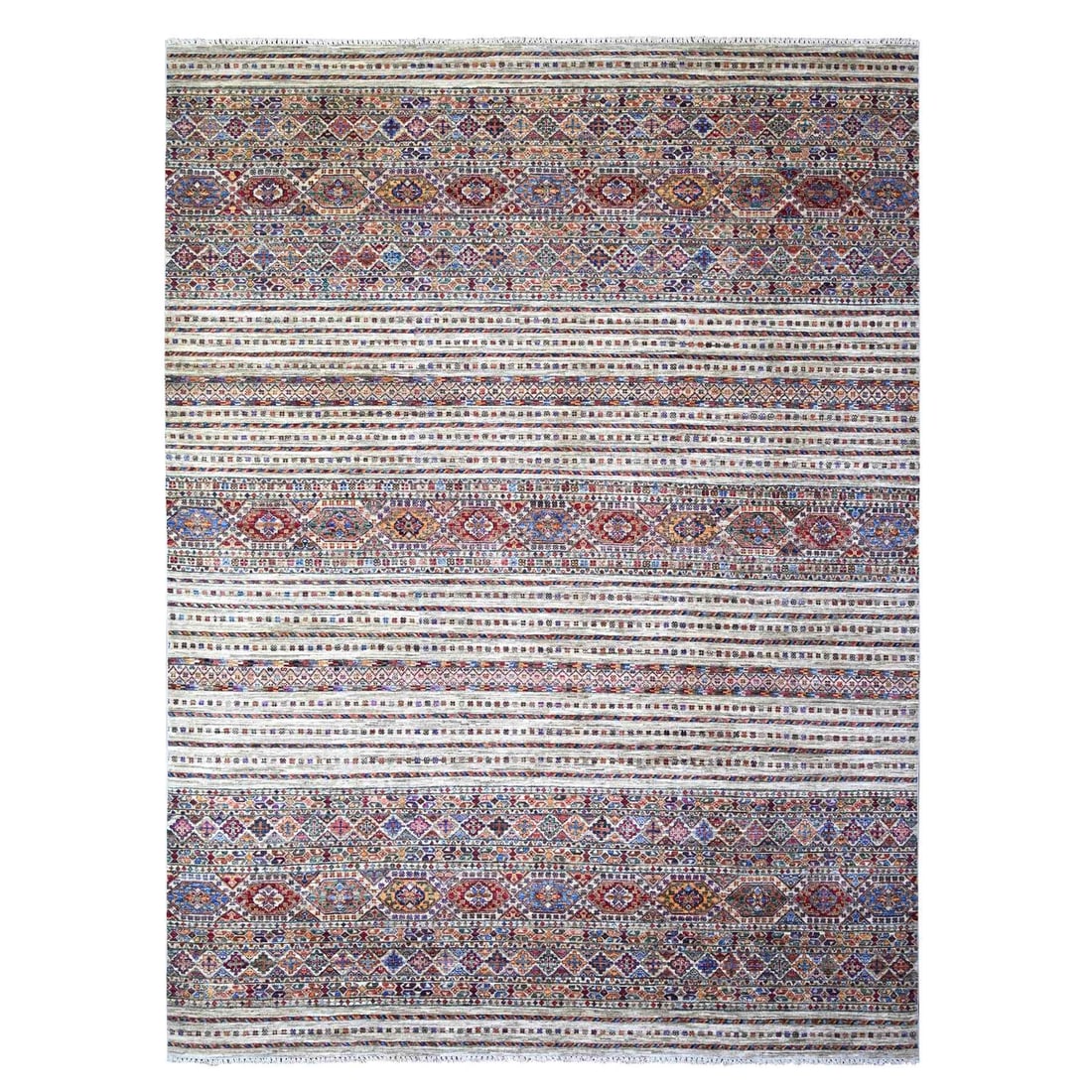 Rug 8'10"x11'10" Vista White Afghan Super Kazak Wool Hand Knotted: Rug 8'10"x11'10" Vista White Afghan Super Kazak Wool Hand Knotted Experience the rich beauty of traditional Afghan craftsmanship with this stunning Vista White Kazak wool hand-knotted rug, measuring 8