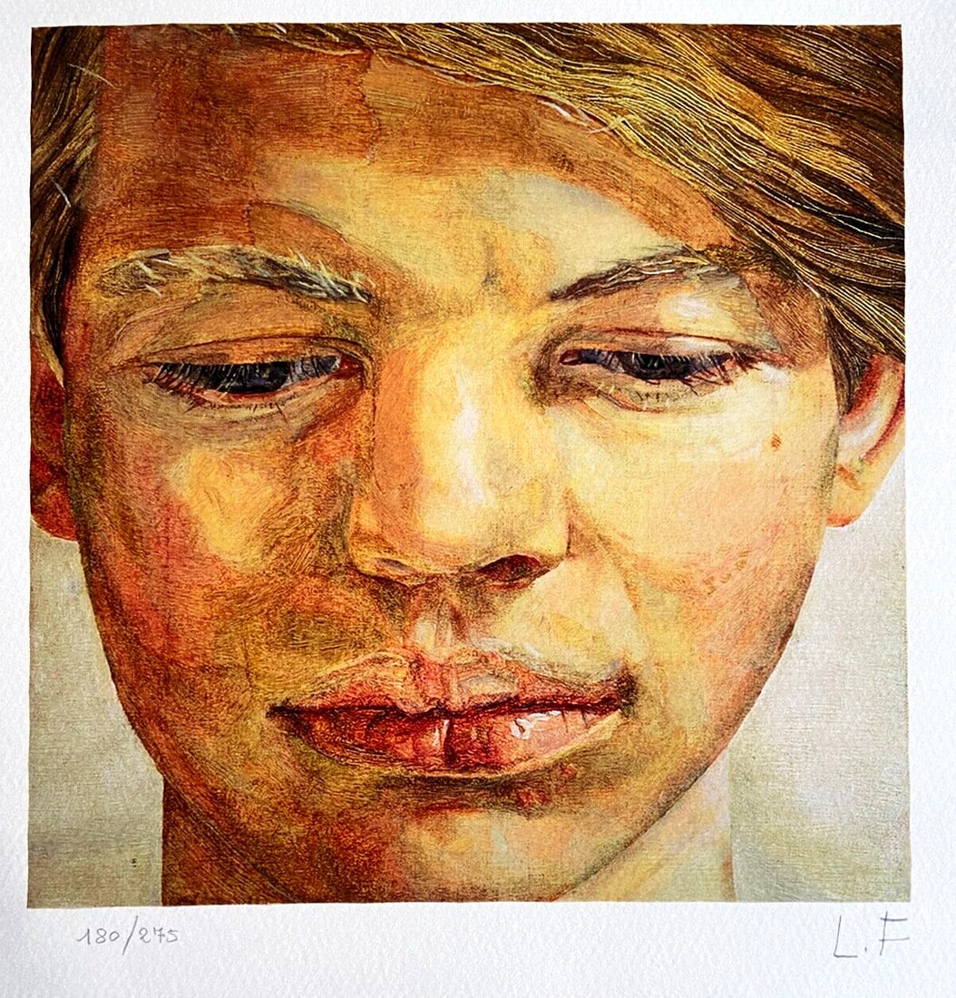 Numbered Lucian Freud Lithograph: Numbered Lucian Freud Lithograph A rare opportunity to own a numbered lithograph by the renowned British artist Lucian Freud, featuring his iconic "Boy Head" work from 1986. This hand-numbered specime